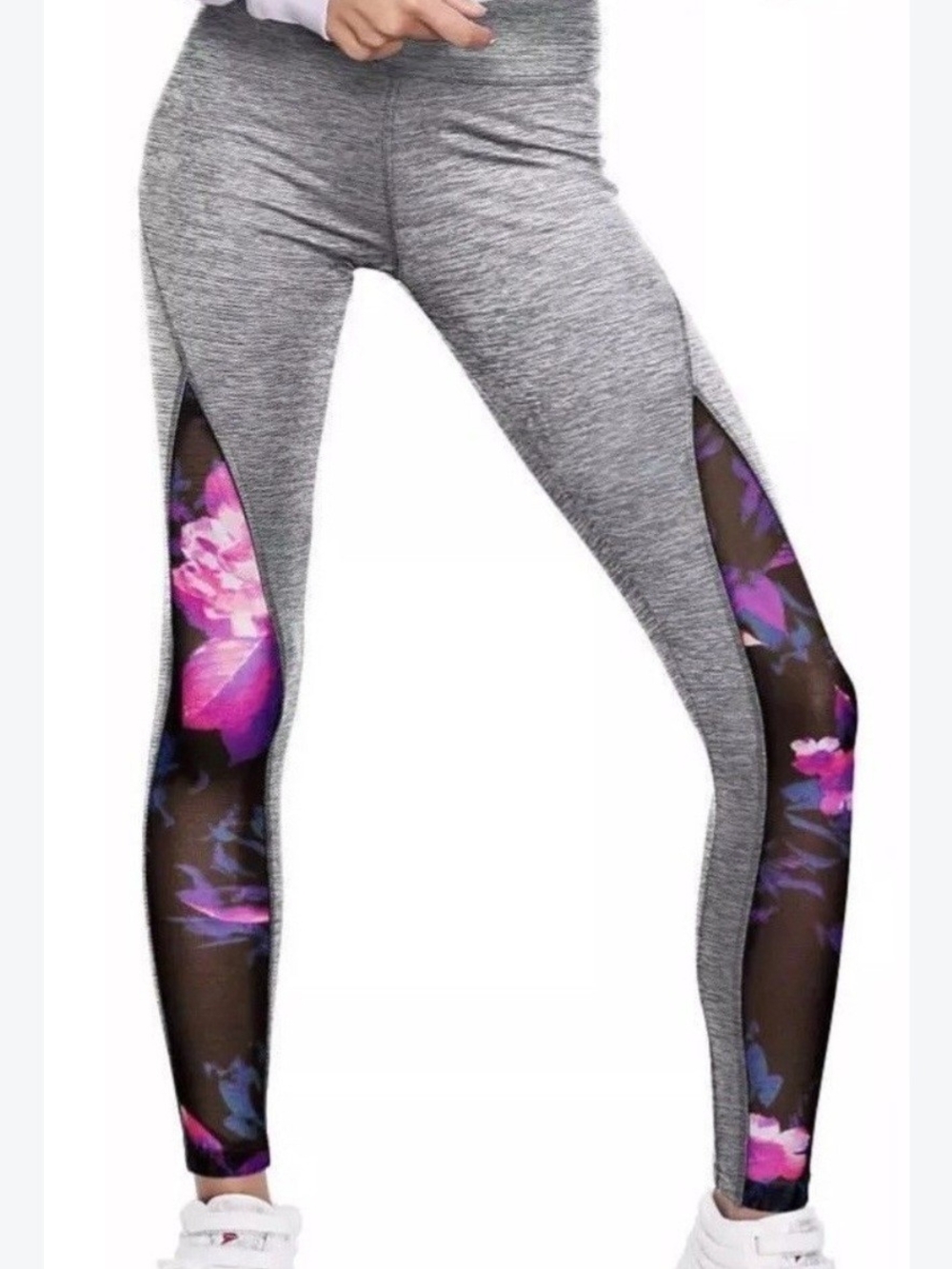 Women’s Grey Floral Mesh-Panel Leggings